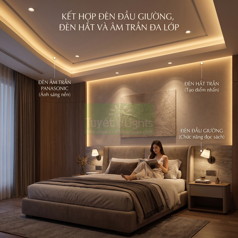 Phòng ngủ hiện đại với đèn âm trần Panasonic, đèn hắt trần và đèn đầu giường đọc sách tạo ánh sáng ấm áp